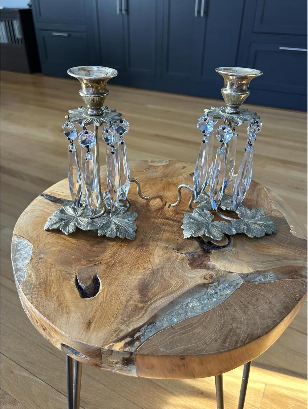 Pair of Vintage Crystal and Brass Candle Holders